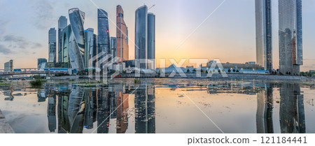 High buildings of Moscow-City at Moskva River at summer sunset, Russia. 121184441