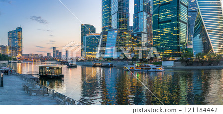 High buildings of Moscow-City at Moskva River at summer sunset, Russia. 121184442
