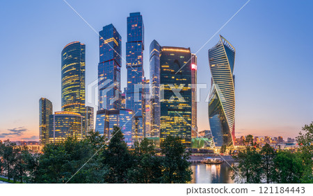 Moscow city at summer night. Modern skyscrapers in Moscow-city downtown. Moscow, Russia 121184443