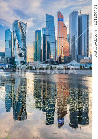 High buildings of Moscow-City at Moskva River at summer sunset, Russia. 121184471