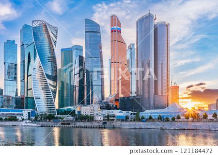 High buildings of Moscow-City at Moskva River at summer sunset, Russia. 121184472