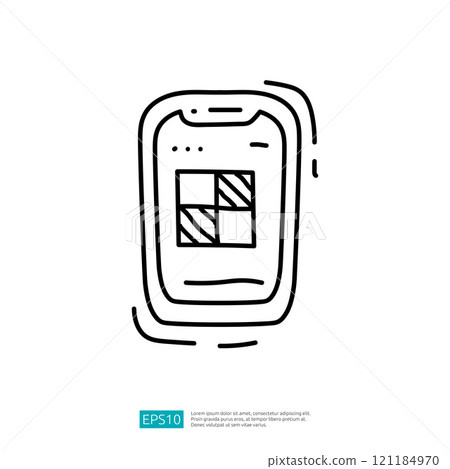 A simple line drawing of a smartphone displaying a grid-like interface, emphasizing technology and communication. A simple line drawing of a smartphone displaying a grid-like interface, emphasizing technology and communication. 121184970