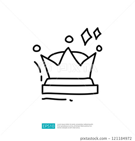 A simple, outlined illustration of a crown with sparkling elements, symbolizing royalty, achievement, or celebration. 121184972