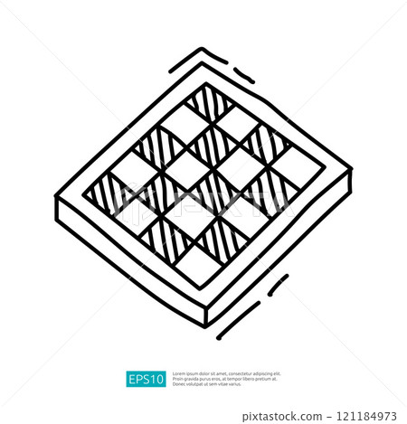 The image depicts a hand-drawn illustration of a square waffle with a grid pattern, showcasing its texture and design. 121184973