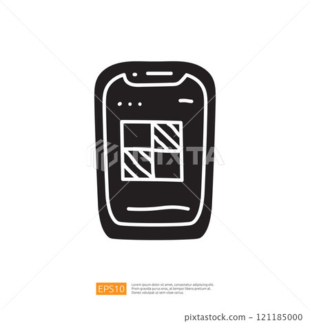 A simplistic illustration of a smartphone featuring a grid layout on its screen, representing a user interface or app display. 121185000