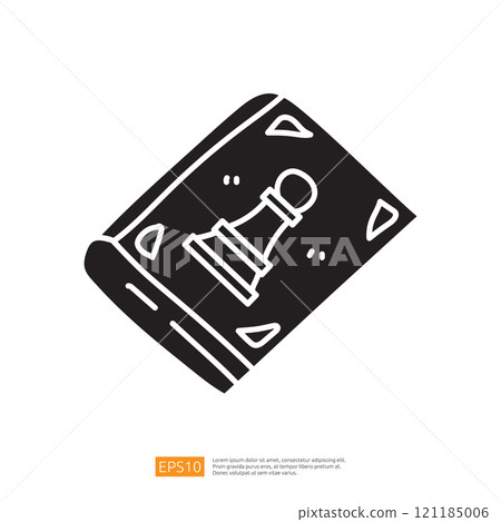 The image depicts a stylized illustration of a chess piece, specifically a pawn, on a rolled-up game board, symbolizing strategy and leisure activities. 121185006