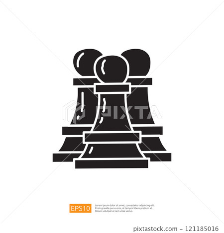 The image features three stylized black chess pawns, symbolizing strategy and competition in the game of chess. 121185016