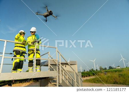 Wind turbine technicians or workers stand on base of wind turbine and control drone in workplace area during work in the field. Wind turbine technicians or workers stand on base of wind turbine and control drone in workplace area during work in the field. 121185177