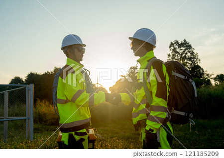 Two of wind turbine or windmill workers or technician shake hands and stand on base of wind turbine with warm light from sunset in the background. 121185209