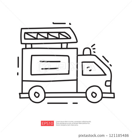 A simple line drawing of a fire truck, featuring a ladder on top and a siren, representing emergency services and firefighting. 121185486