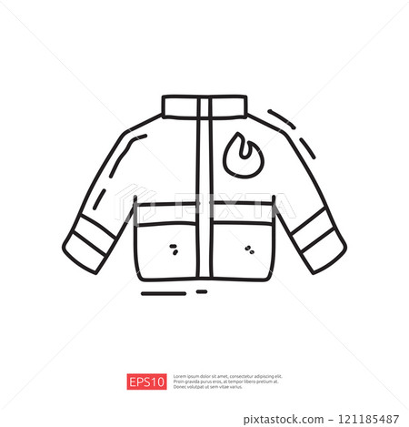 A simple line drawing of a jacket featuring a flame symbol, emphasizing a stylish and modern design. 121185487