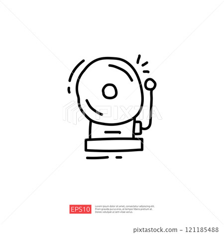 A simple line drawing of an old-fashioned bell, typically used as a signal or alarm. The bell has a lever for ringing, emphasizing its mechanical nature. 121185488