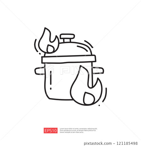A simple line drawing of a pot with flames, suggesting cooking or boiling. The image conveys a sense of heat and culinary activity. A simple line drawing of a pot with flames, suggesting cooking or boiling. The image conveys a sense of heat and culinary activity. 121185498