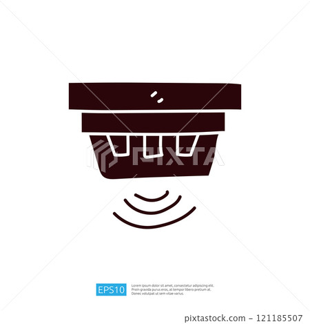This image depicts a simple graphic representation of a smoke detector, illustrating its function with sound waves emanating from it. 121185507