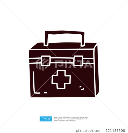 A simple illustration of a first aid kit, typically used for storing medical supplies and equipment for emergency situations. 121185508
