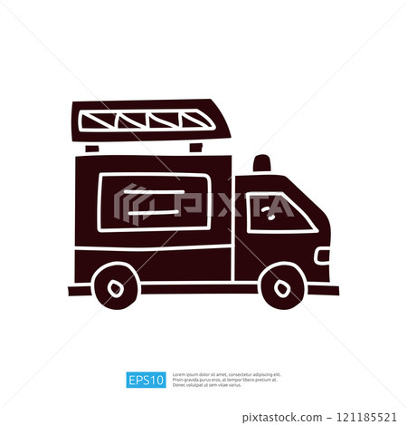 A simple, stylized illustration of a fire truck, featuring a ladder on top and designed with bold lines and minimal details. 121185521