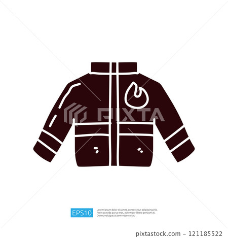 A simple illustration of a jacket featuring a flame design, symbolizing warmth or possibly fire safety. 121185522