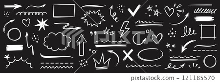Line hand drawn marker arrow, heart, text highlight brush shape element chalkboard. Hand drawn sketch marker underline shape, arrow, star scribble brush pen stroke element. Vector 121185570