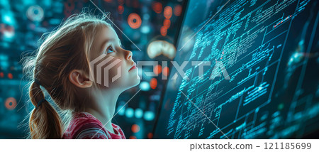 A genius girl sits, deep in thought. Her eyes gleam with intelligence as she tackles a challenging scientific problem. Generative AI. 121185699