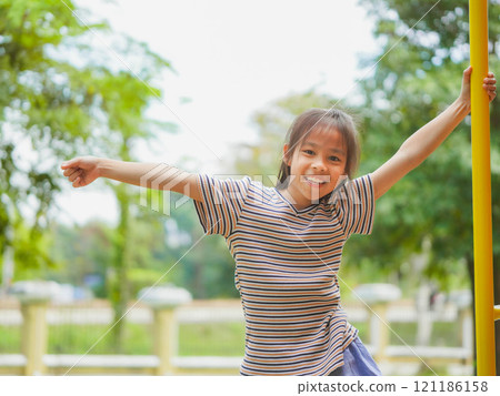 Cute girl having fun on the swing in the playground in the park. Children playing in the playground during summer vacation. Cute girl having fun on the swing in the playground in the park. Children playing in the playground during summer vacation. 121186158
