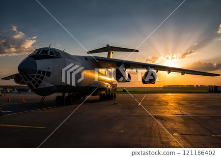 Wide body transport cargo airplane at airport apron in the morning sun Wide body transport cargo airplane at airport apron in the morning sun 121186402