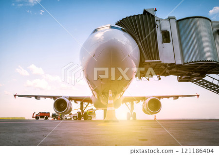 A white passenger airplane stands at the boarding bridge and is loaded with baggage in the rays of the morning sun A white passenger airplane stands at the boarding bridge and is loaded with baggage in the rays of the morning sun 121186404