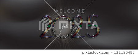 A festive New Year 2025 graphic featuring a clock and vibrant numbers celebrating the arrival of the new year 121186495