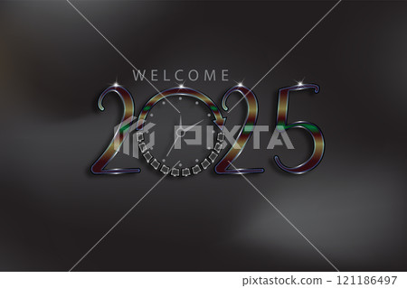 A festive New Year 2025 graphic featuring a clock and vibrant numbers celebrating the arrival of the new year 121186497