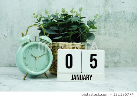 Wooden Calendar Showing the Date of January 5th. Day 5 of January month 121186774