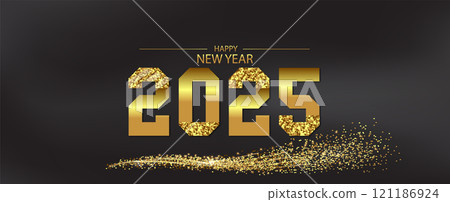 Gold glitter text Happy New Year 2025 on a sleek black background 121186924