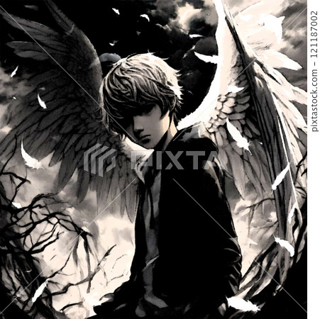 [Illustration material] Fallen angel kids 2/boy/boy/sad/wings/sad/monochrome/cute/angel 121187002