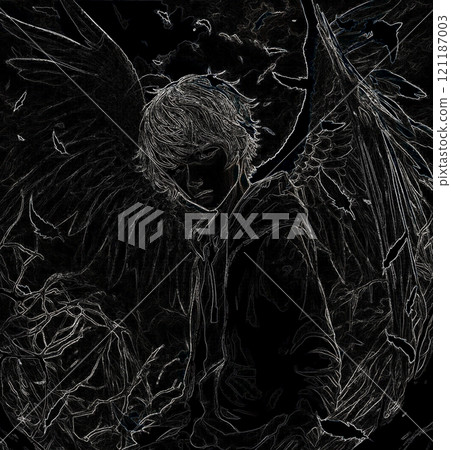 [Illustration material] Fallen angel kids 3/boy/sad/wings/sad/monochrome/cute/angel 121187003