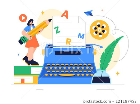 Screenwriter Vector Illustration featuring a Professional Writer and Copywriter for Filmmaking, Cinematography, or Film Production in a Background 121187452