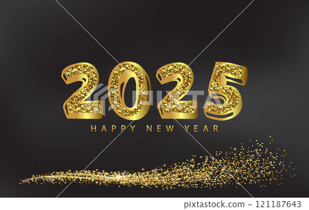 Elegant gold glitter text stating Happy New Year 2025 against a dark black backdrop Elegant gold glitter text stating Happy New Year 2025 against a dark black backdrop 121187643