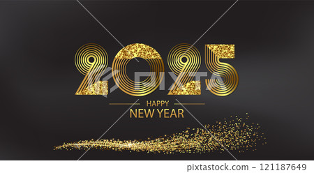 Black background featuring shimmering gold glitter text Happy New Year 2025 121187649