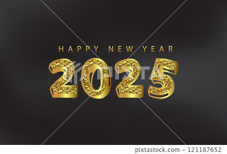 Black background featuring shimmering gold glitter text Happy New Year 2025 121187652