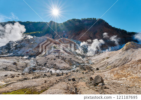 Beautiful natural scenery of Noboribetsu Jigokudani bathed in sunlight Beautiful natural scenery of Noboribetsu Jigokudani bathed in sunlight 121187695