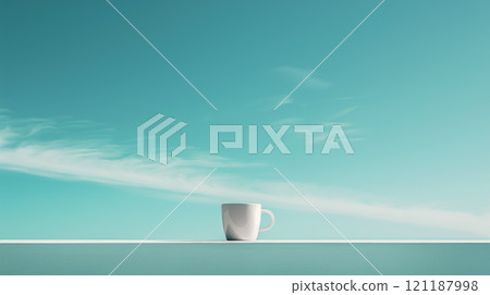 Coffee cup and blue sky background AI generated material 121187998