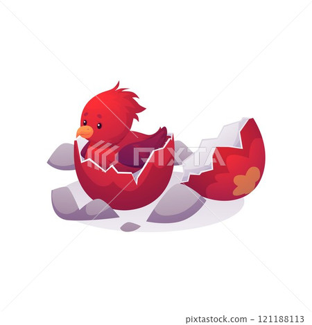 Fantasy magic cute red baby bird hatched from an egg, Phoenix fire newborn bird, vector flat fairytale mythical creature 121188113