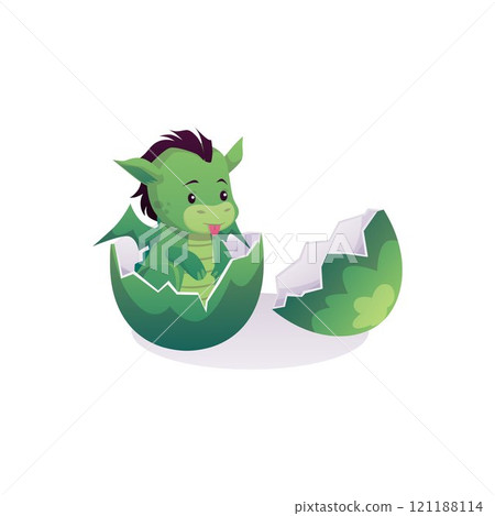 Cartoon cute green dragon child just hatched from an egg, funny fantasy newborn monster, vector tale mythical reptile 121188114