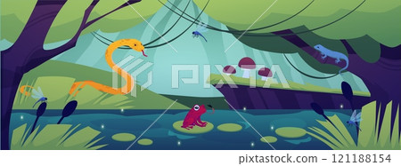 Forest swamp flora and fauna game landscape, pond with mushrooms, reeds, trees, river marsh with snake, frog, lizard 121188154