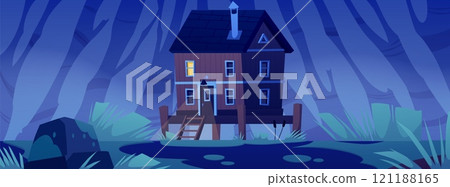 Wooden stilt house in deep forest on swamp at night, vector cartoon dark game landscape with hut in river marsh, trees 121188165