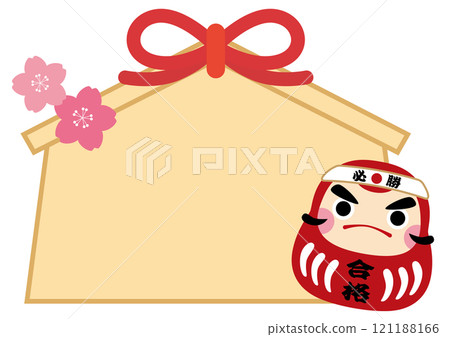 Sure-win, success, Daruma doll and cherry blossom votive plaque frame / Red Daruma doll 121188166