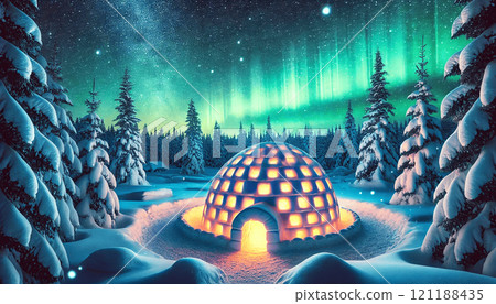 Snow igloos and aurora 121188435