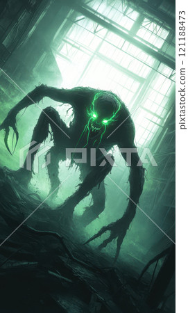 terrifying demon with glowing green veins and sharp claws 121188473