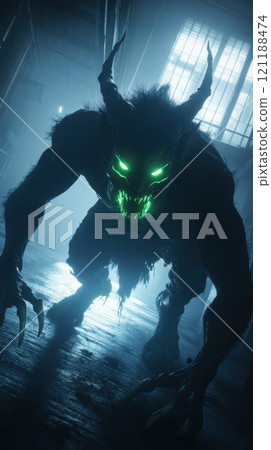 terrifying demon with glowing green veins and sharp claws 121188474