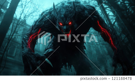 terrifying demon with glowing red veins and sharp claws 121188478