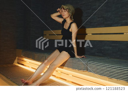 A woman taking a sauna. Photo courtesy of Shiratama no Yu Izumikei. A woman taking a sauna. Photo courtesy of Shiratama no Yu Izumikei. 121188523