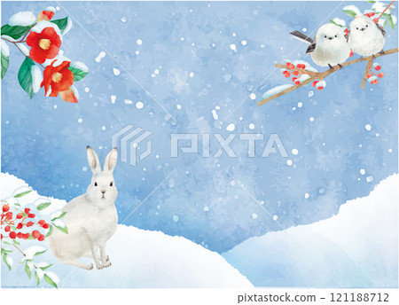 冬季動物和植物背景畫水彩 121188712