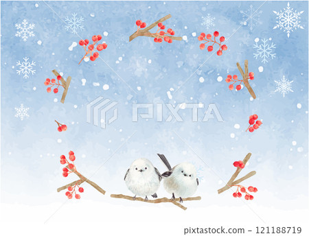 Watercolor winter red berries and Japanese tit Watercolor winter red berries and Japanese tit 121188719